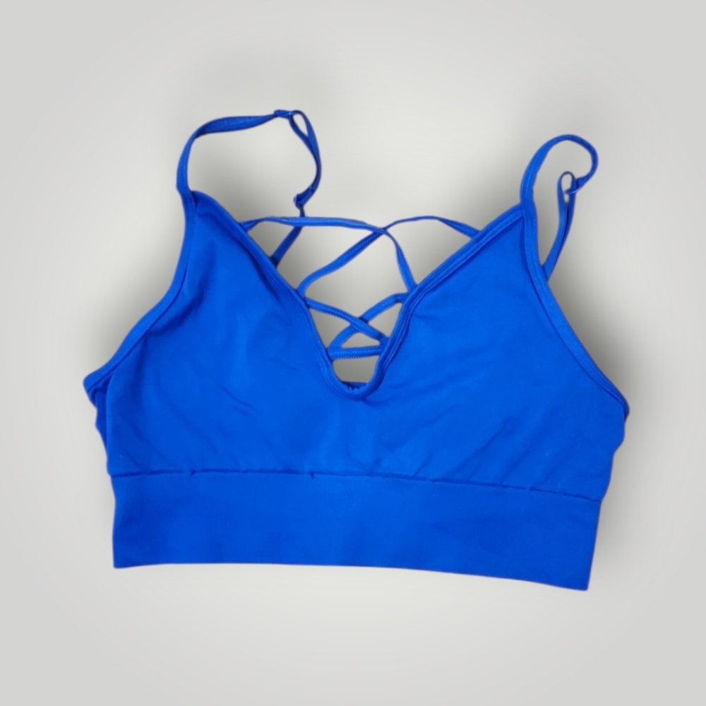 Victoria PINK Blue SEAMLESS CAGE STRAPPY Bralette L Workout bra
